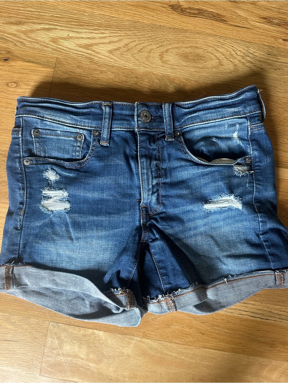 American Eagle Outfitters Dark Blue Distressed Rolled Cuff Jean Shorts